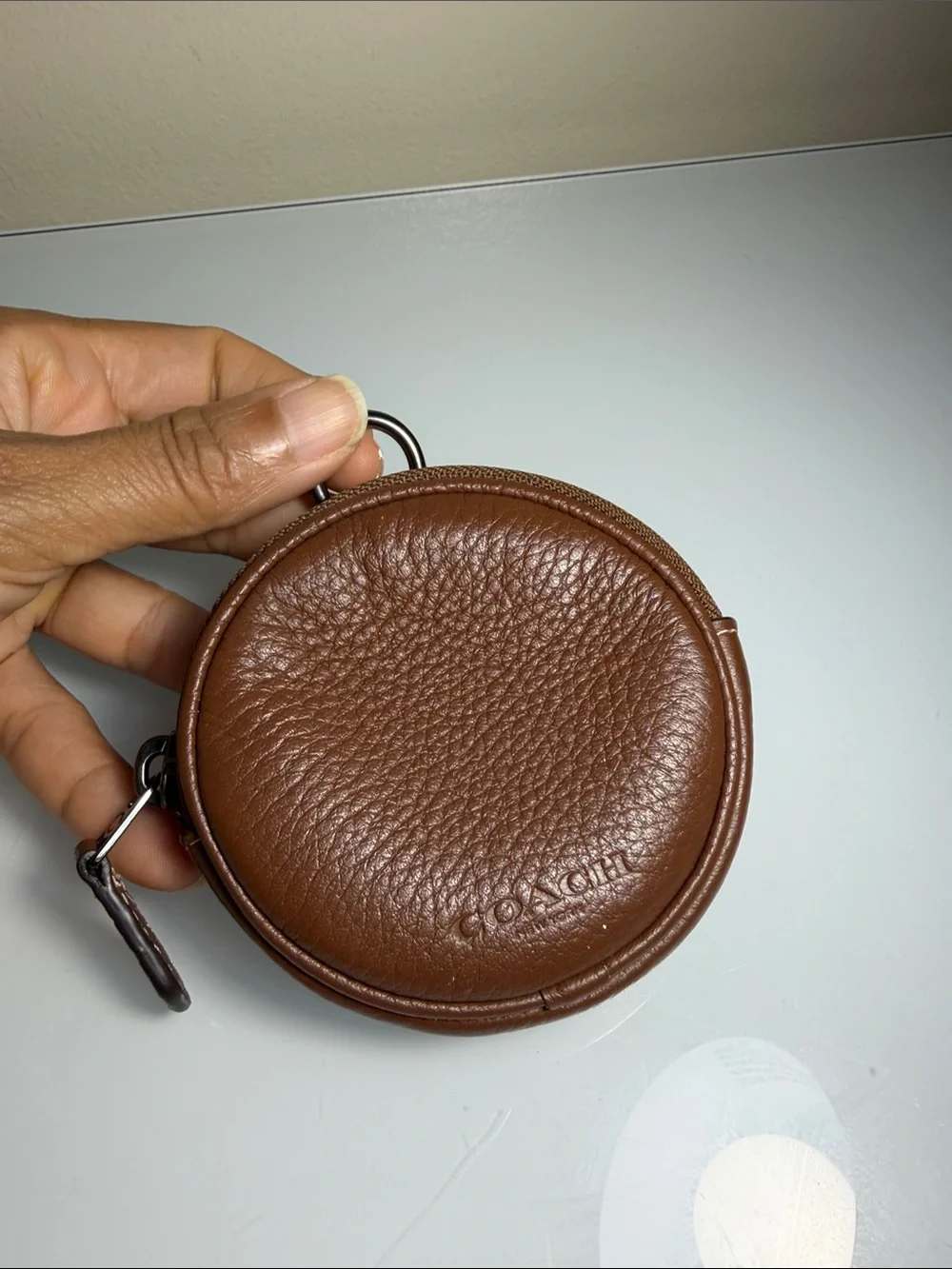 COACH Brown Pebbled Leather Round Coin Pouch with Keyring